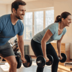 A man and woman lifting weights in a home gym